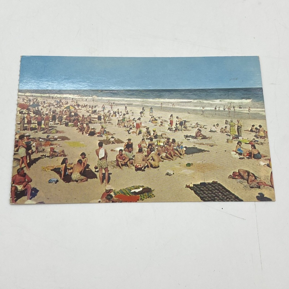 Vtg Miami Beach FL Postcard enjoying the surf and sand ocean sunbathers 1960s
